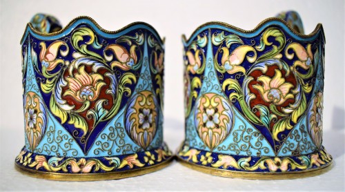 Six Tasses en argent doré et émaux russes, Moscou 1908 - Argenterie et Arts de la table Style Art nouveau